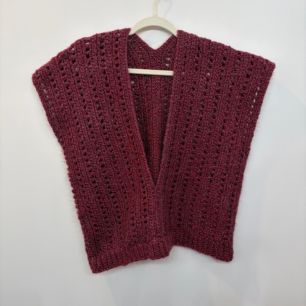 Handmade Crocheted Sweater Vest Burgundy With Marled Blue Soft Yarn Size L